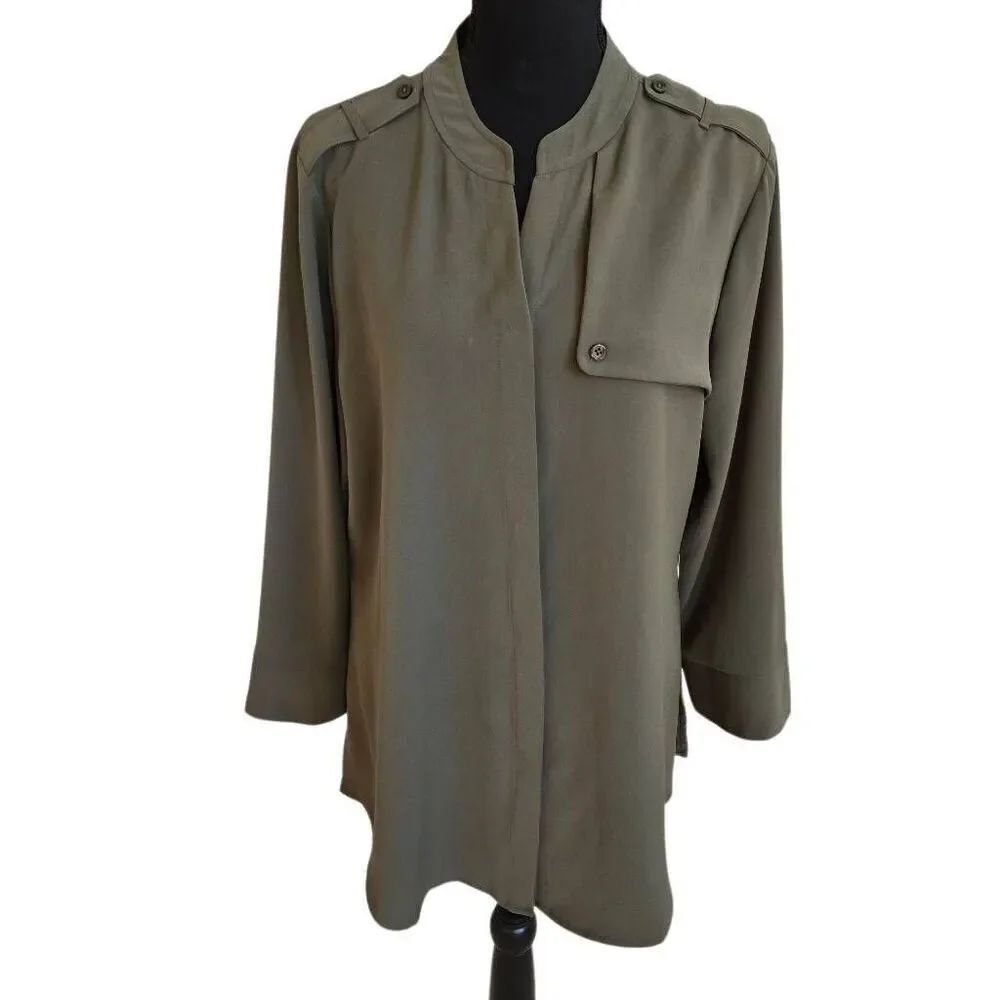 Chico's Womens Military-Inspired Long Sleeve Tunic Blouse Olive Green Large